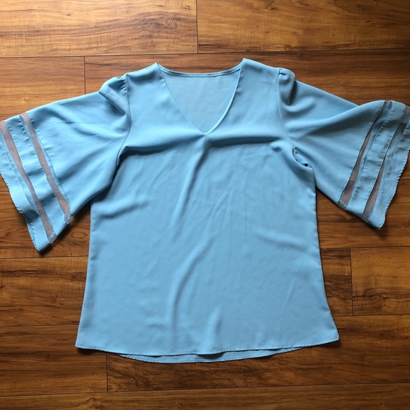 Light Blue Top Blouse V-Neck Top with Bell Sleeves - Picture 3 of 5